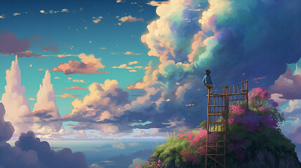 무지개색 구름, 컬러풀한 구름, 소년과 구름, 하늘을 바라보는 소년, 아름다운 풍경, 판타지 구름, 아름다운 하늘