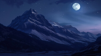 웅장한 산, 겨울 산, 겨울 풍경, 차가운 겨울, 차가운 달, 차가운 산과 달, 아름다운 파란 달