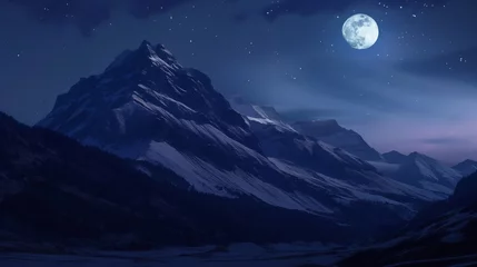 Foto op Plexiglas 웅장한 산, 겨울 산, 겨울 풍경, 차가운 겨울, 차가운 달, 차가운 산과 달, 아름다운 파란 달 © S