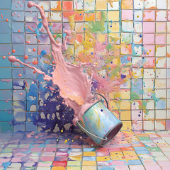 파스텔톤의 물감들, 페인트통, 페인트통에서 물감이 쏟아진다.