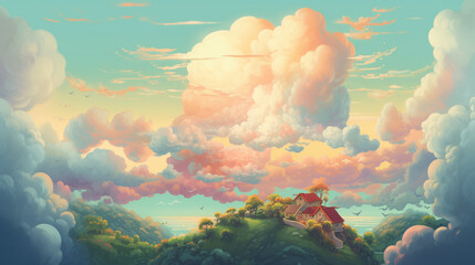 파스텔톤 구름, 따뜻한 분위기, 아름다운 구름과 언덕위 집