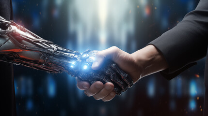 Digital robot handshake with human background futuristic digital age robot science digital technology - obrazy, fototapety, plakaty