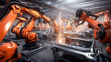 Fototapeta premium Arm of automobile production line. Large production line with industrial robot arms at modern factory. Automated Manufacturing Facility 