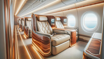 Luxurious first-class cabin interior of an airplane with spacious seating and elegant design... - obrazy, fototapety, plakaty