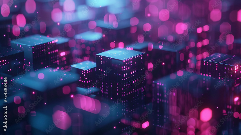 Poster a digital landscape with encrypted data blocks, showcasing secure information storage and transfer, 