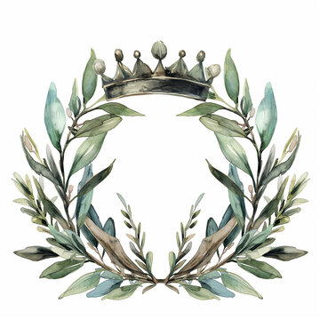 Winner Laurel Wreath. Round Reward Symbol. Award Sign. Championship Luxury Watercolor Emblem. Anniversary Label. Olive Leaves for Champion. Victory Heraldic.
