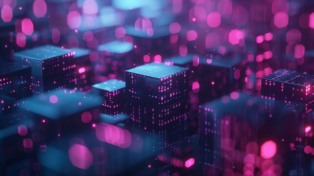 A digital landscape with encrypted data blocks, showcasing secure information storage and transfer, with copy space