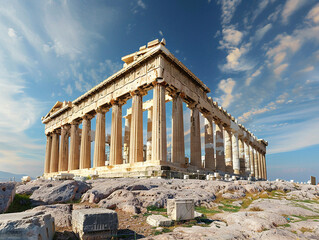 Iconic ancient Greek temple in Athens, featuring intricate columns against a clear blue sky. - obrazy, fototapety, plakaty