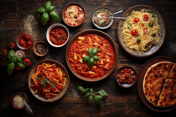 Italian various food on wooden table