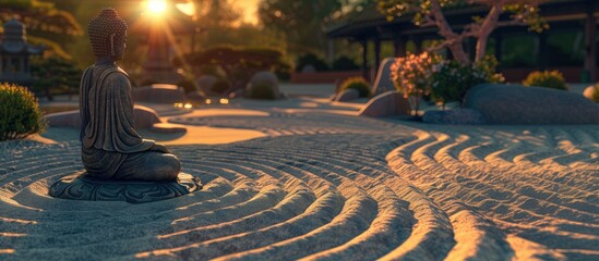 Big buddha statue with lotus flowers. Buddha silhouette, background beliefs of Buddhism