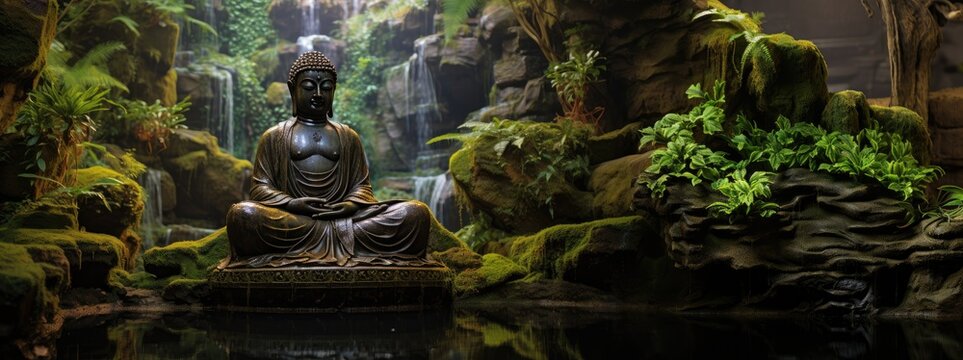 Big buddha statue with lotus flowers. Buddha silhouette, background beliefs of Buddhism