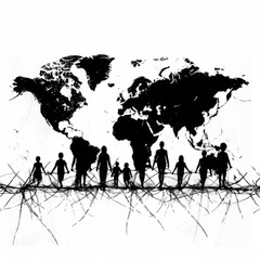 Black and white banner with silhouettes of people on the background of the world map