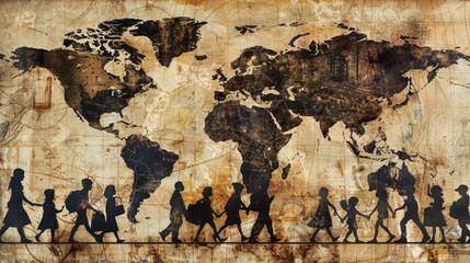 Banner with silhouettes of people carrying belongings on the background of the world map