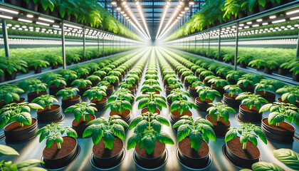 Rows of potted tomato plants flourish under indoor grow lights, promising future harvests.