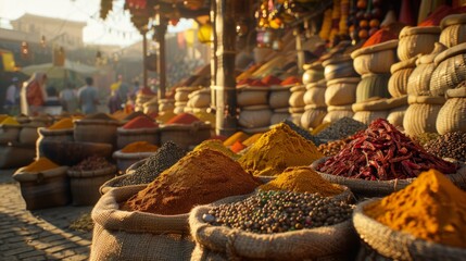 Close-up view of vibrant spice markets, where the air is thick with the aroma of exotic spices, generated with AI - obrazy, fototapety, plakaty