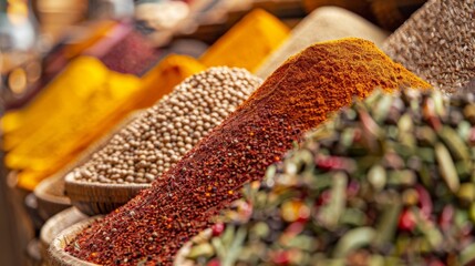 Close-up view of vibrant spice markets, where the air is thick with the aroma of exotic spices, generated with AI