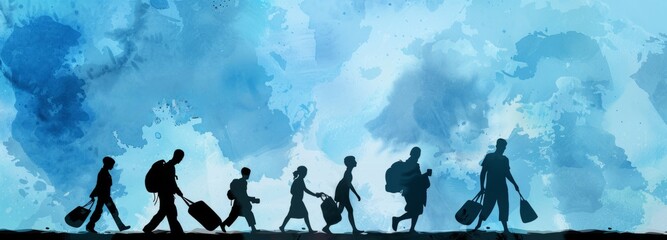 International migrants day banner with silhouettes of people carrying belongings - obrazy, fototapety, plakaty