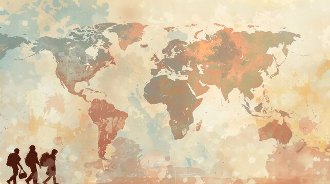 Banner with silhouettes of people carrying belongings on the background of the world map