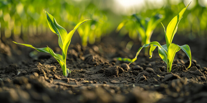 Vibrant corn seedlings stand tall in rich, dark soil with warm morning sunlight illuminating their green leaves