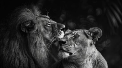 the lions are enjoying in the style of black and white intimacy, romantic emotivity, generated with AI