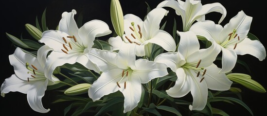 A bouquet of white lilies is elegantly displayed against a solid black background. The delicate petals and long stems of the lilies create a striking contrast against the darkness.