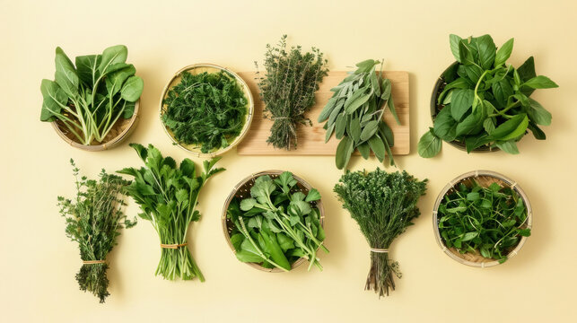 A variety of fresh green herbs-namul and leaves, neatly laid out on a neutral background. The concept of healthy eating and natural food