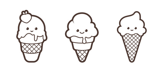Kawaii ice cream dessert in a waffle cup, black outline, vector illustration in cartoon style. Vector illustration