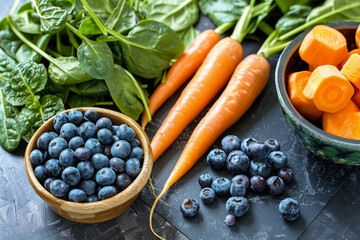 Useful products for vision: blueberries in a wooden bowl, young spinach and carrots on a dark background. The concept of healthy eating and natural food - obrazy, fototapety, plakaty