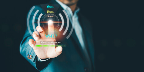 Wi-Fi 7 High-speed wireless Internet modern technology concept, Multi-Link Operation (MLO) wireless network, which allows various devices to Use multiple frequency bands 2.4 GHz, 5 GHz และ 6 GHz