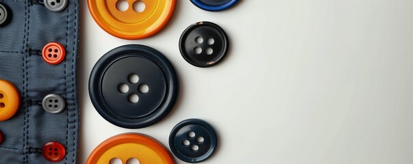 pastel light colorful buttons in various sizes and shapes with space between them on white background, aerial view, generated with AI