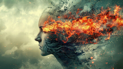 Woman with her head on fire - symbol of headache, stress, mental problems - obrazy, fototapety, plakaty