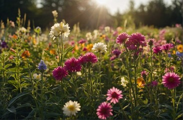 Fototapeta premium Vibrant field of blooming daisy flowers in the garden under a golden sunlight