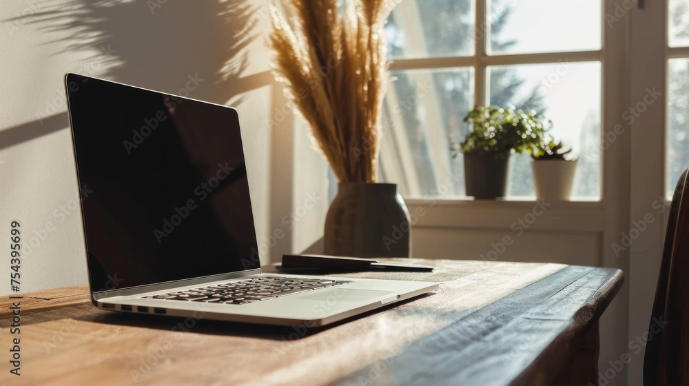 Poster A cozy minimalistic workspace with light and shade from the sun in Boho style. A work laptop sits on a wooden table near the window.