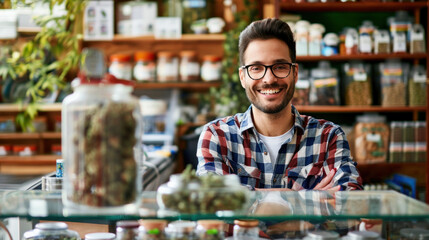 Smiling confident male budtender, worker or owner of cannabis dispensary - obrazy, fototapety, plakaty
