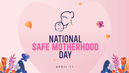 National safe motherhood day. Illustration of mother with her little child, flower in the background. Concept of mothers day, mothers love, relationships between mother and child. Happy motherhood day