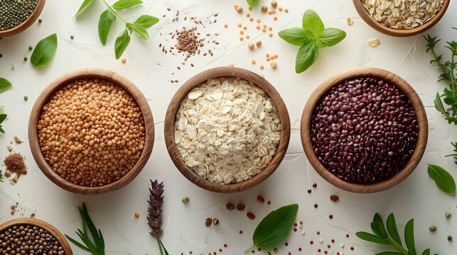 banner image of various color grains such as lentils, flours (e.g., wheat flour, cornmeal), oats, along with herbal teas or herbs, generated with AI
