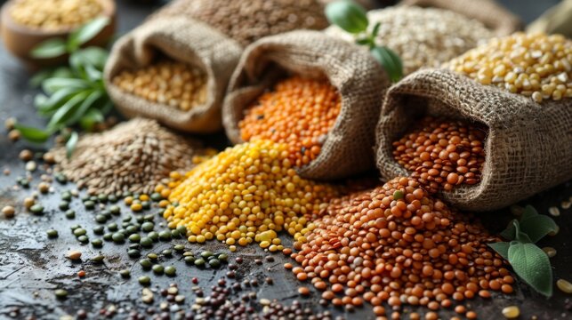 banner image of various color grains such as lentils, flours (e.g., wheat flour, cornmeal), oats, along with herbal teas or herbs, generated with AI