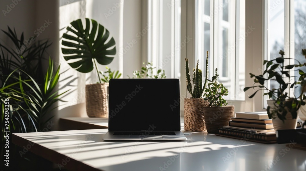 Poster A cozy minimalistic workspace with light and shade from the sun in Boho style. A work laptop stands on a white table near a window with indoor plants.