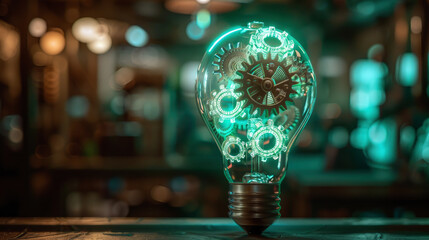 light bulb with moving gears within white and green colours