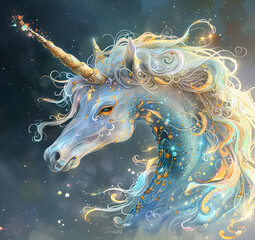A mythical creature painting of a unicorn with long electric blue mane and horn