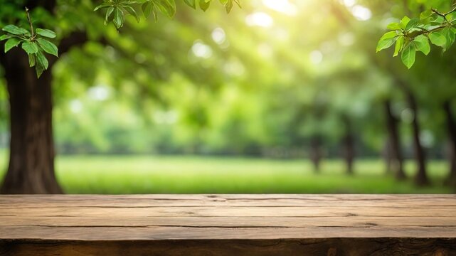 Serene nature backdrop with a wooden table in the foreground. Ideal for product displays in natural settings. High-quality image with a soft focus
