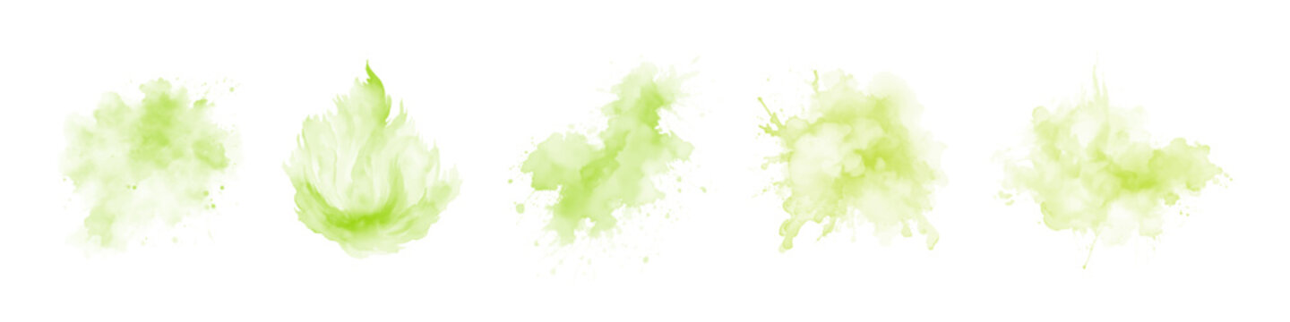 Set of abstract green watercolor water splash on a white background. Vector watercolour texture in salad color. Ink paint brush stain. Green splatters spot. Watercolor pastel splash
