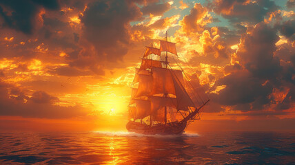 a pirate ship sailing in the middle of the sea strom with a beautiful sunset view,generatrive ai
