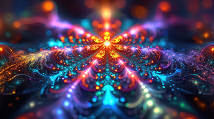 Psychedelic kaleidoscopic fractal glowing with neon lights