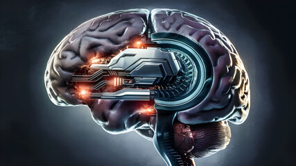 close up of brain combined or merging with technology, artifical intelligence concept, Generative AI