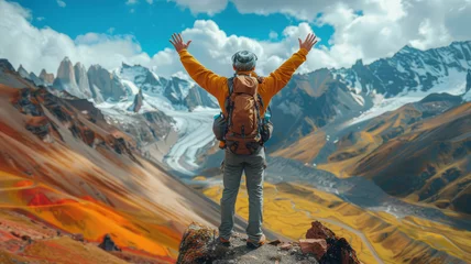 Printed kitchen splashbacks Vinicunca a man tourist is standing with both hands raised After successfully conquering the peak , on top of a mountain,Vinicunca Rainbow Mountain,generative ai