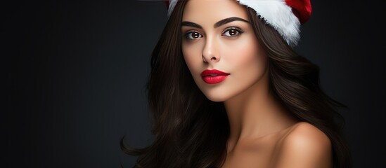 Naklejka premium A woman is depicted wearing a Santa hat on her head, adding a festive touch to her appearance. She seems to be getting into the holiday spirit.