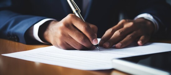 A man dressed in a formal suit is seen sitting at a desk, writing on a piece of paper. His hands are holding a pen, focused on the task at hand.