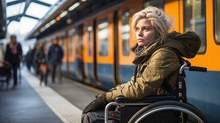 A Disabled Woman In A Wheelchair Waiting For Her Train At The Train Station