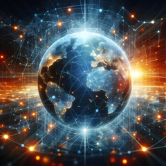 Obraz premium A glowing digital Earth surrounded by intricate tech designs, suggesting a futuristic world map